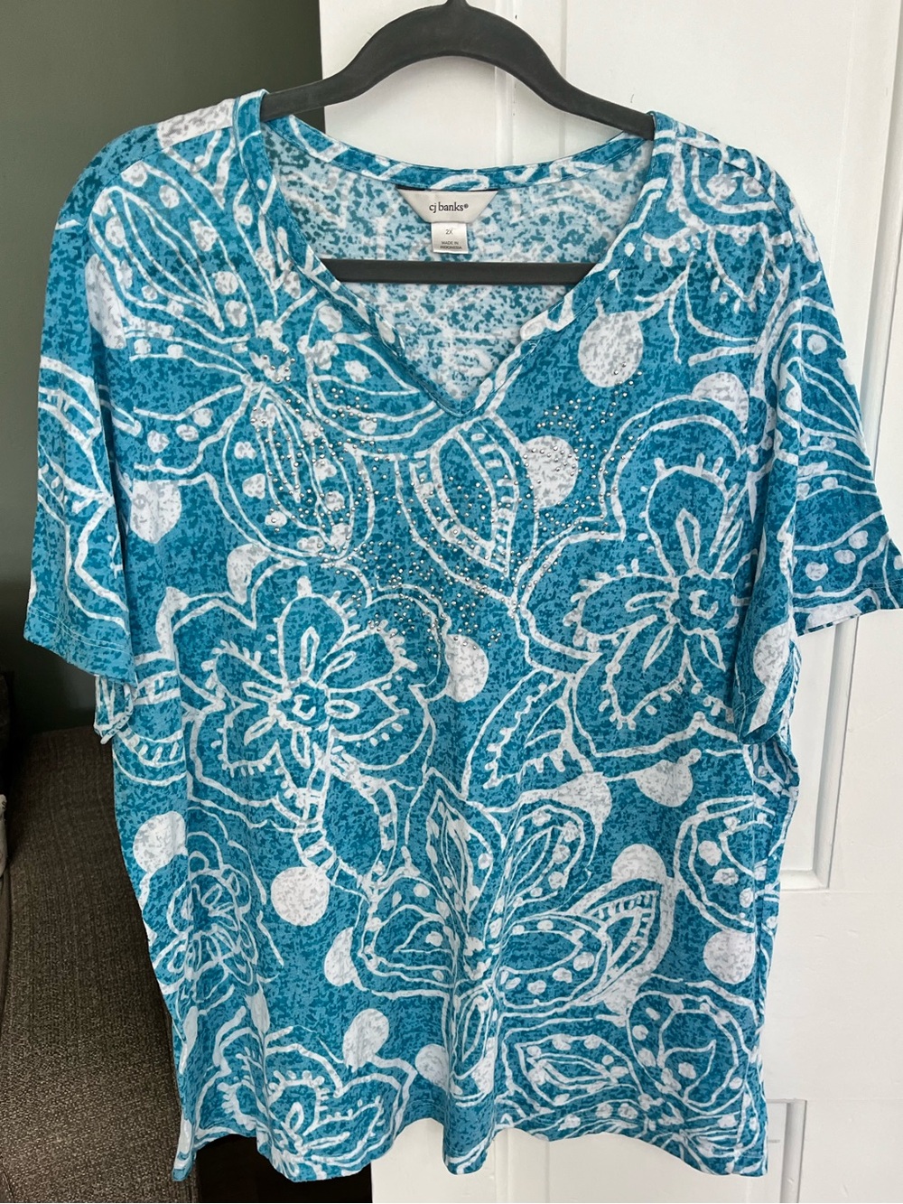 CJ Banks 2X short sleeve knit  top turquoise white burnout print